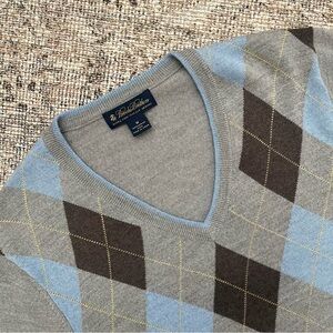 Brooks Brothers Men's V-Neck Argyle 100% Merino Wool Sweater - Gray and Blue M